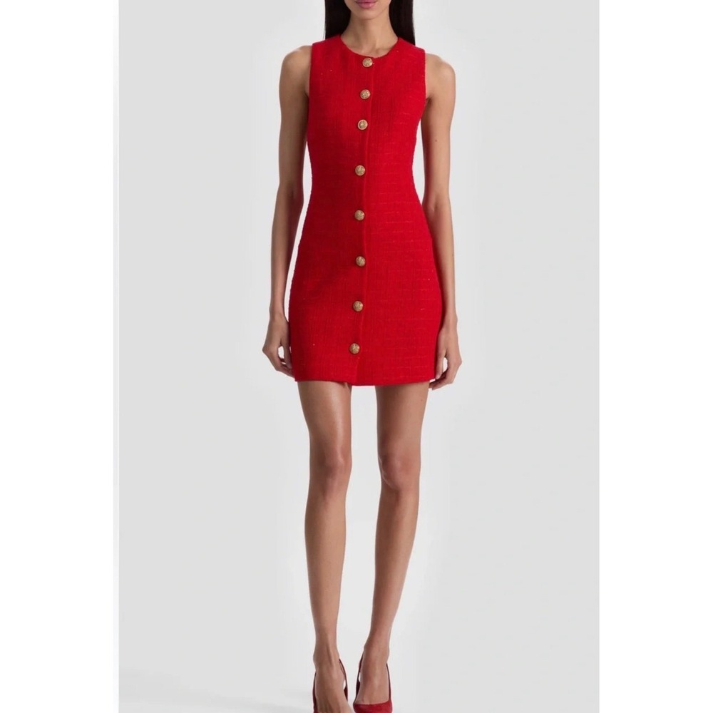 Alice + Olivia Red Tweed Sleeveless Mini Dress Gold Button Front Size 4 NEW